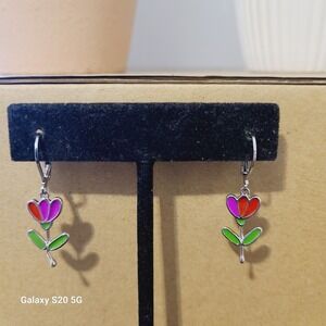 Silver Tone Enamel Flower Dangle Lever Back Earrings Pink Red Green NEW